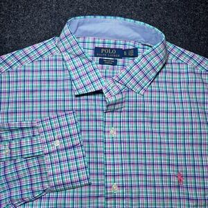 New Polo Ralph Lauren Shirt Mens XL Green Pink Plaid Stretch Cotton